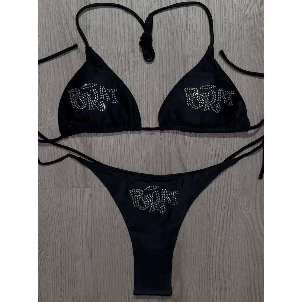 2000s Woman Punk New Beach Swimwear gothic clothes BRAT Rhinestone printing Grunge Swimsuit Bikini Y2K Bathing Suits Lace Up Y260303