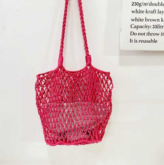 Large-capacity tote bag with cotton rope mesh pocket, beach bag with woven mesh pocket, straw bag with woven net pocket H260304