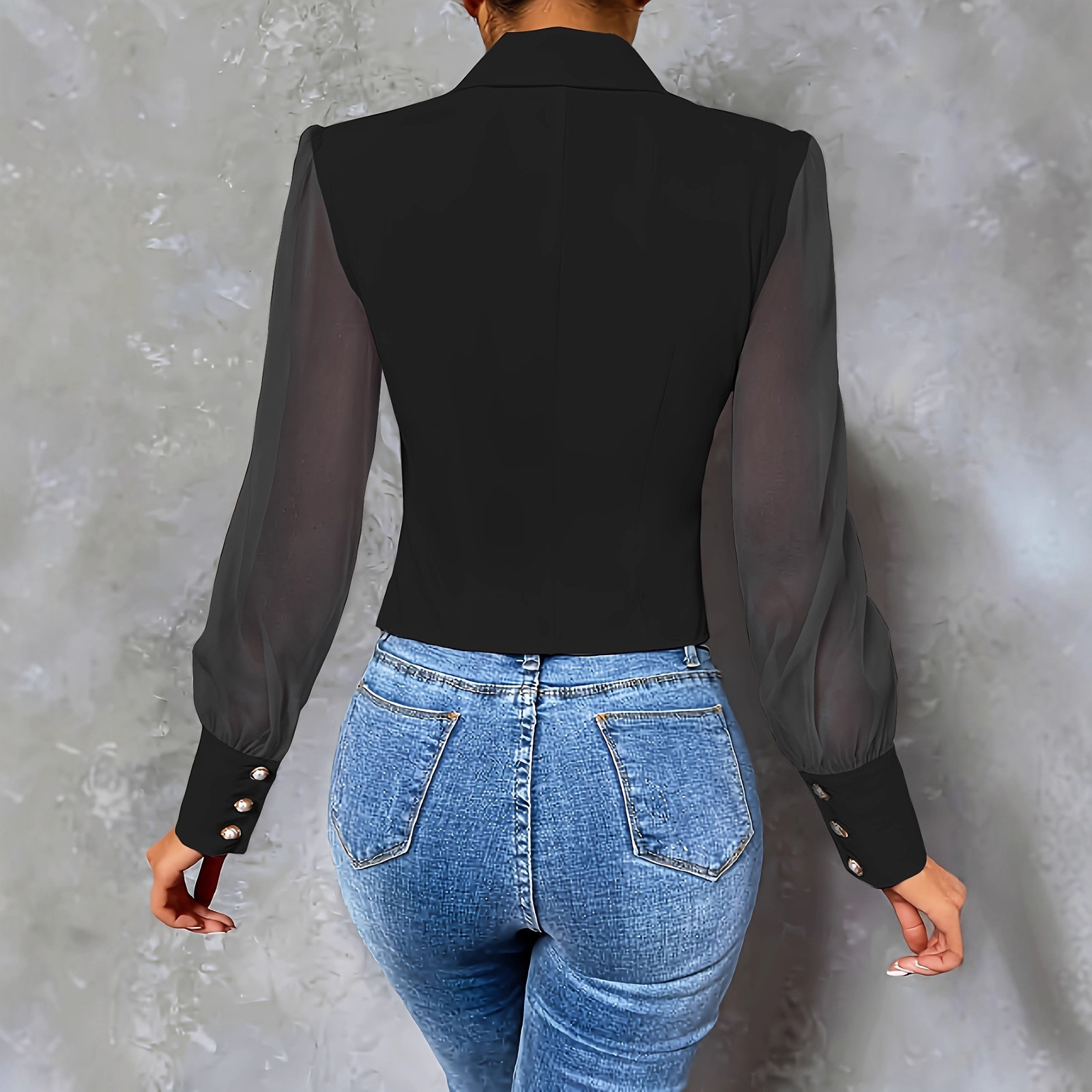 Yeezzi Womens Lapel Blazer Suits Blouses Spring Summer Puff Sleeves See-Through Split-Joint Urban Office Shirts Tops 240715