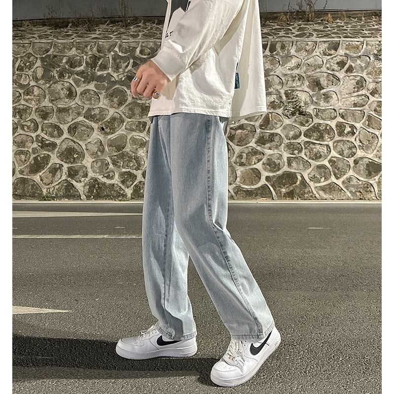 Light Blue Men's Jeans Spring And Autumn Loose Straight Casual Pants American Retro High Street Wide-leg Pants Designer Pants With Drawstring
