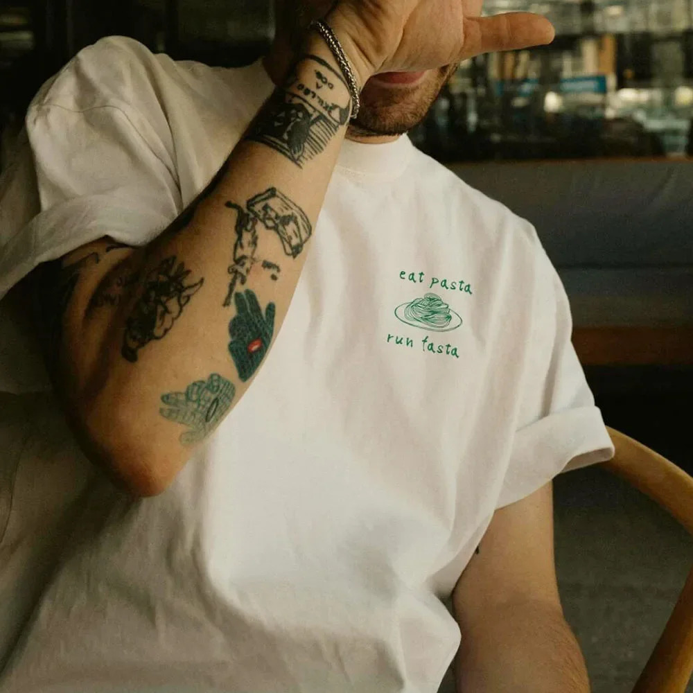 Spring Summer Short Sleeve Loose Unisex Tees Eat Pasta Run Fasta Funny Printing Graphic Tops White Cotton Casual Vintage Tshirts 260227