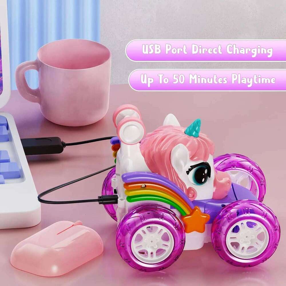 Unicorn Remote Control Car for Girls, 360 Rotating 4WD Stunt RC Cars with Cute Lights, Rechargeable Toys-Kid Birthday Gifts Z260303