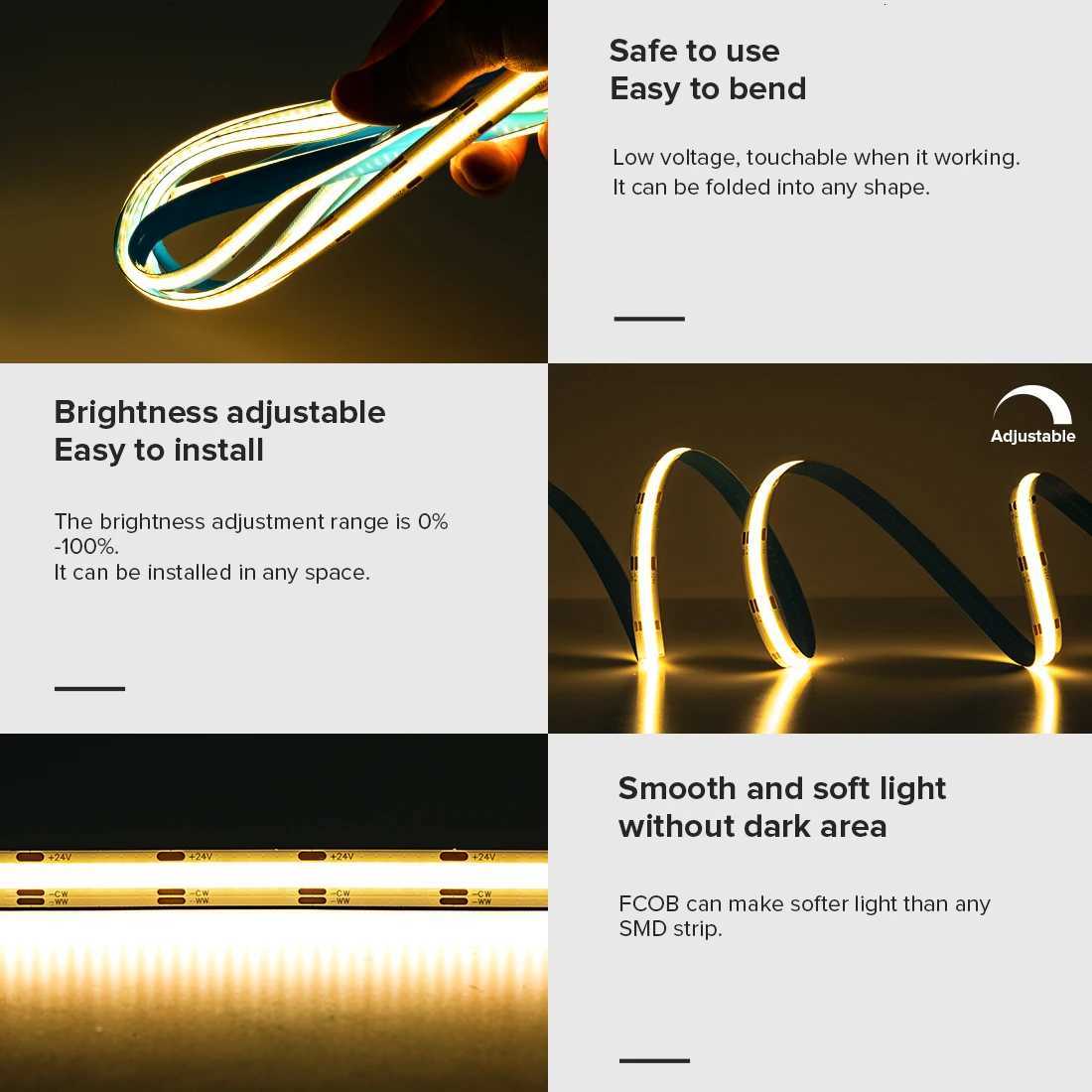 FCOB CCT LED Light Strip 640 LEDs High Density Flexible FOB COB 10mm Led Lights RA90 3000K to 6000K Linear Dimmable DC12V DC24V H260304