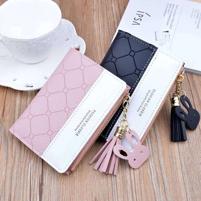 Women Short Wallet Patchwork Small Zipper Purse Checked Embossed Tassel Wallets Cute Simple Card Holder Pink Mini Money Bag C260304