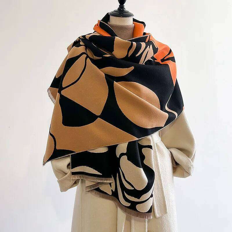 Latest Autumn Winter Luxury Camellia Design Scarf Imitation Cashmere Soft Warm Fringe Pashmina Shawl Bufanda Echarpe Poncho 2024 XJ260304