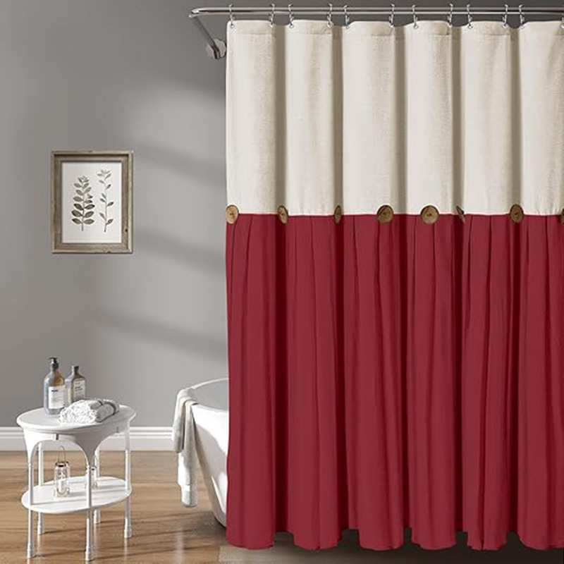YL-38293 Button-trimmed bathroom shower curtain, cotton and linen waterproof button-down bathroom curtain.
