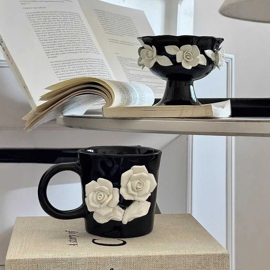 Elegant Relief Rose Mug 300 ML Coffee and Tea Mugs Novelty Ceramic Cups Funny Christmas Birthday Gifts Ideas for Women MenT260304