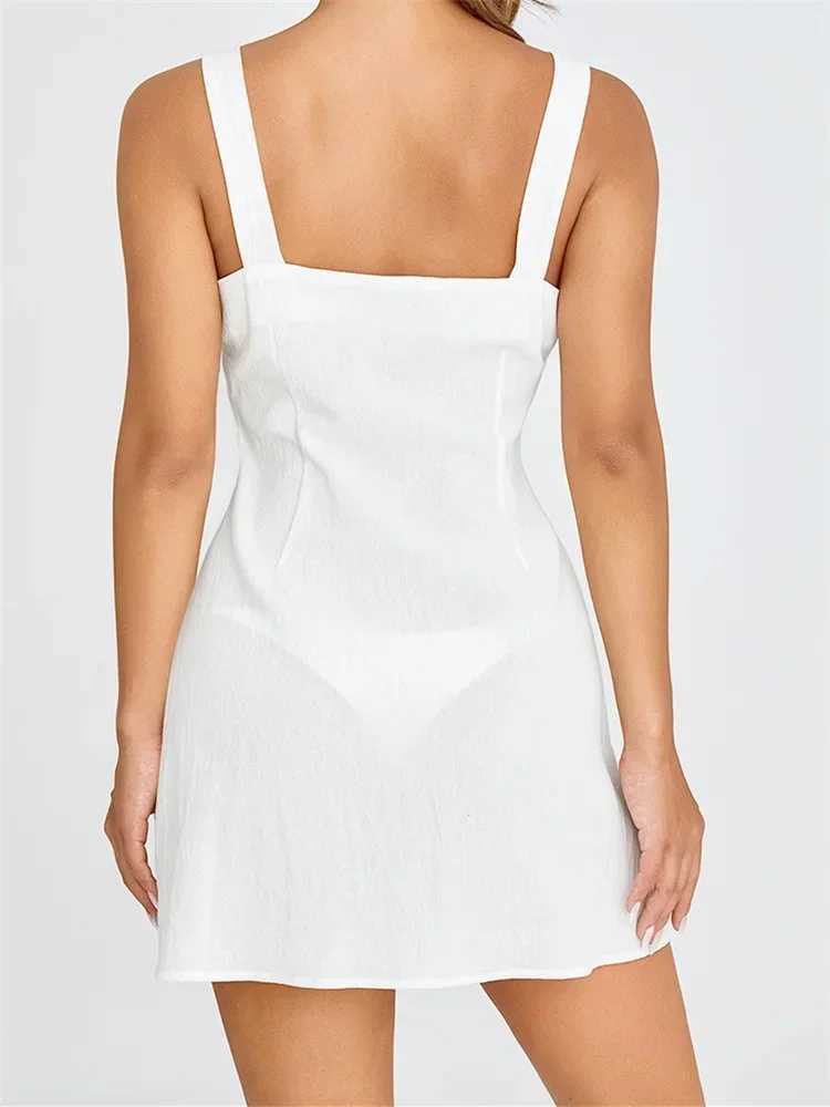 Women Short Dress Sleeveless Square Neck Buttoned Mini Dresses Summer Beach Casual Sundress M260304