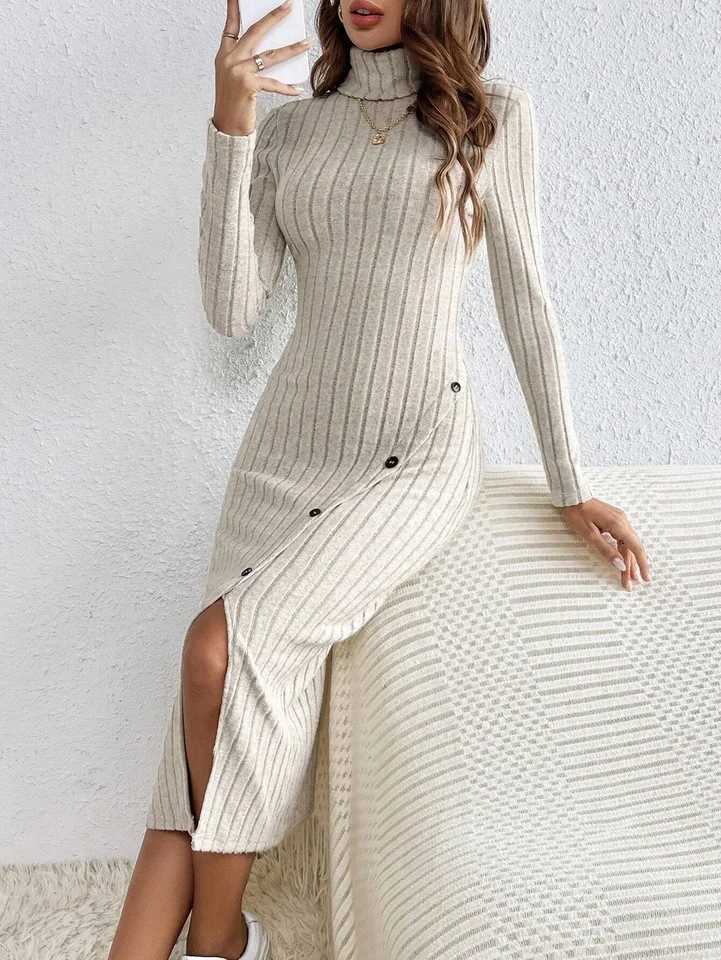 French High Collar Hollow out Side Split Ribbed Dress Elegant Classy Style Womens Fashion M260304