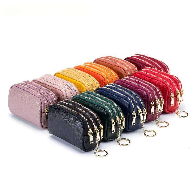 Luxury Leather Keychain Wallet with 3 Zippers Compact Coin Purse for Women Men RFID Blocking Travel Essentials Cash Card Holder C260304