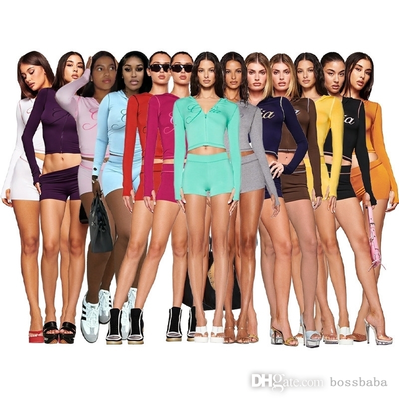 Spring Summer Designer Tracksuit 2 Two Piece Set Women Fashion Printed Hooded Jacket Long Sleeve Top And Shorts 2Pcs Sets Outfits