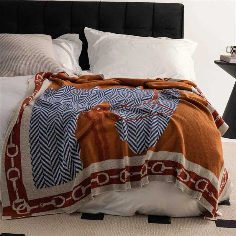Soft Horse Knitted Blanket Gray Bedspread Modern Orange Decorative For Sofa Throw Warm Living Room Bedding Home DecorationsT260304
