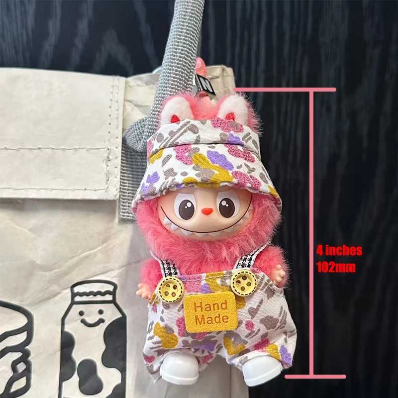 Trendy Floral Overalls Set with Bucket Hat & Hand Made Badge for 10cm Labubu Dolls Outfit AccessoriesT260304