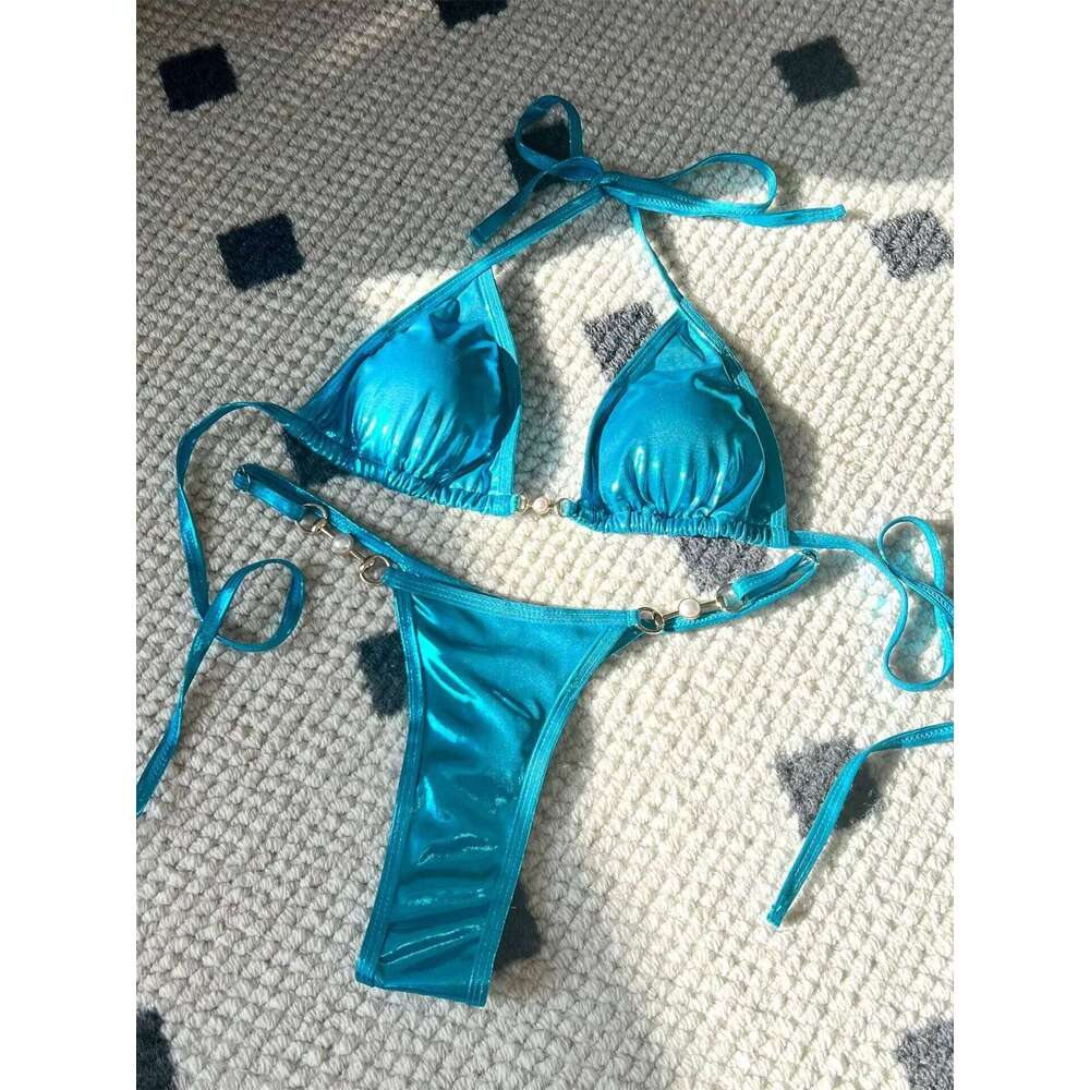 Shiny Pink Micro Bikini 2025 Mujer Women Sexy PU Pearls Push Up Thong Swimsuit Summer Bathing Suit Bandage Holiday Swimwear Y260303