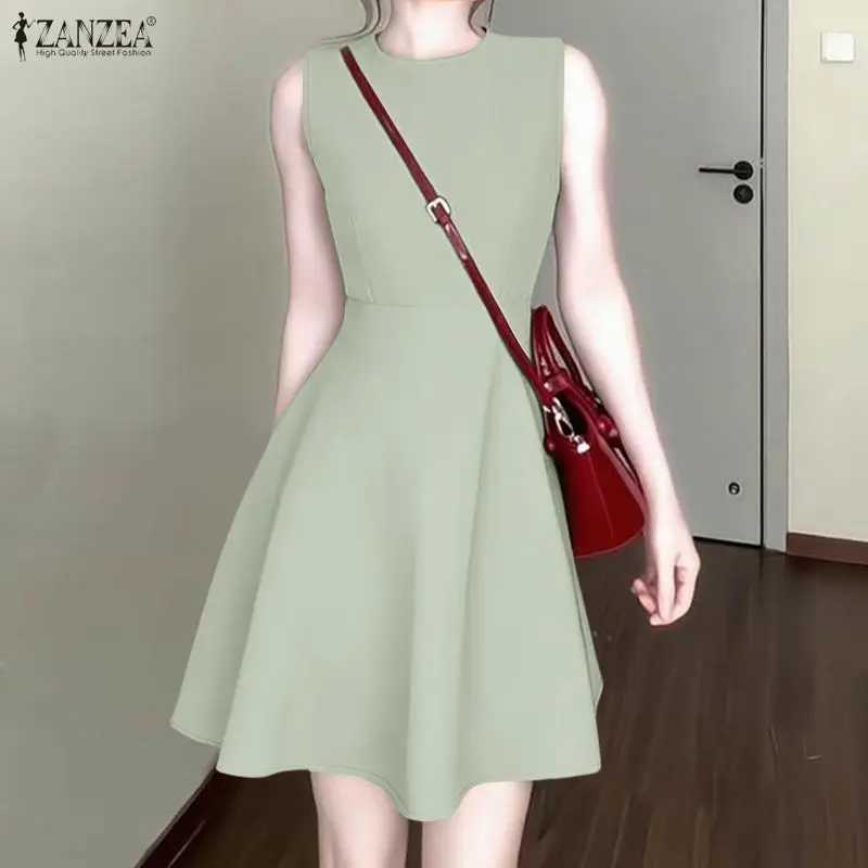ZANZEA Summer Woman Elegant A-Line Party Dress Solid Color O-Neck Sleeveless Fit and Flare Knee-Length Dress Minimalist Sundress M260304