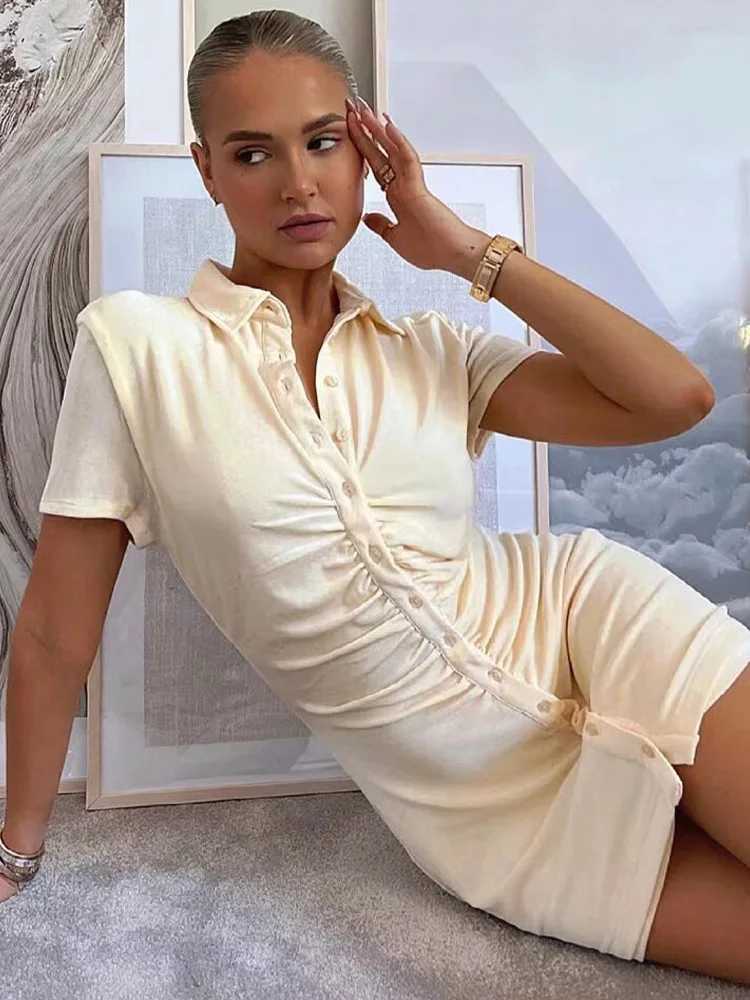 SLTNX Pleated Bodycon Mini Dresses Summer Short Sleeve Lapel Button-up Short Dress Casual Streetwear Elegant Party M260304