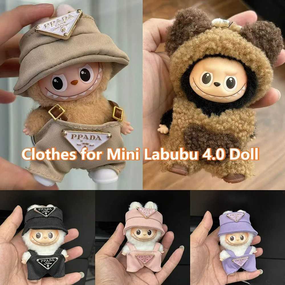 17cm Labubu V4 Luxury Pink Overalls & Hat Set, Cute Doll Outfit with Triangle Logo for The Monsters Pin AccessoriesT260304