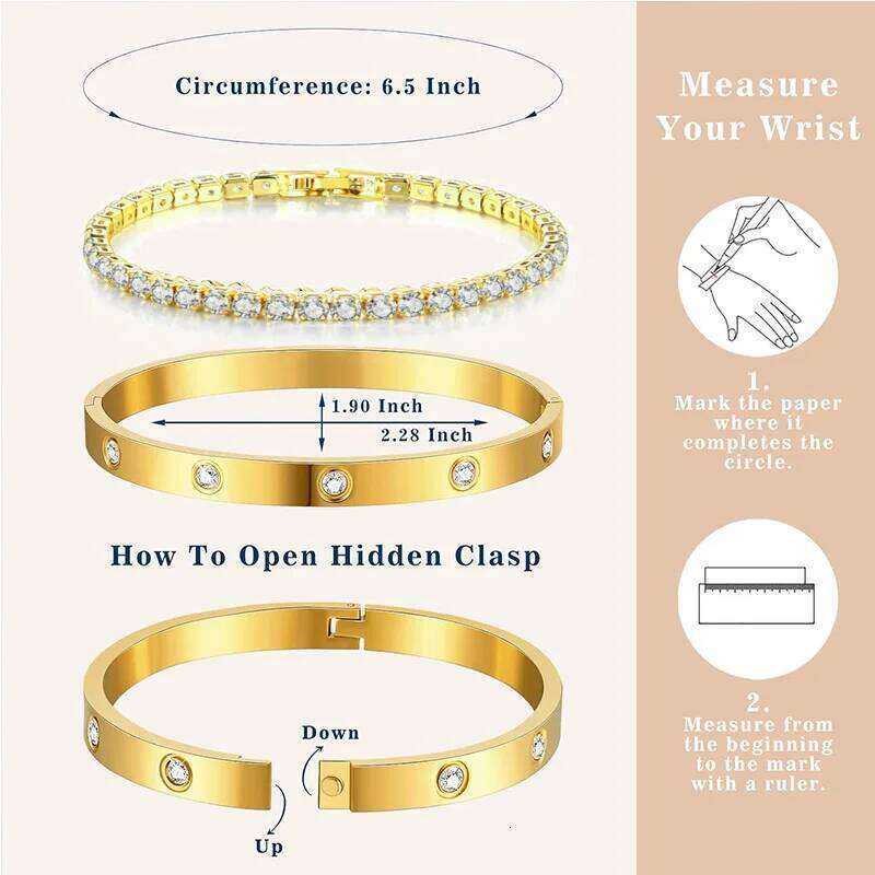 Stackable Bracelets Bangles for Women Girls 14K Gold Plated Cubic Zirconia Tennis Bracelet Stainless Steel Jewelry Gifts XJ260303