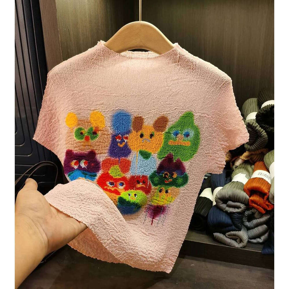 ZHE HAN Miyake Pleated T-Shirt Plisse Colourful Cartoon Print Fold Top Pleat 2025 Summer New Stand-Up Collar Pleatst Shirt Women