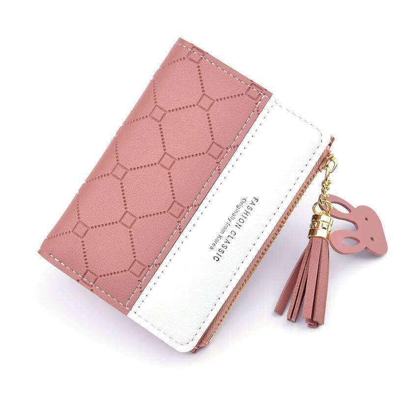 Women Short Wallet Patchwork Small Zipper Purse Checked Embossed Tassel Wallets Cute Simple Card Holder Pink Mini Money Bag C260304