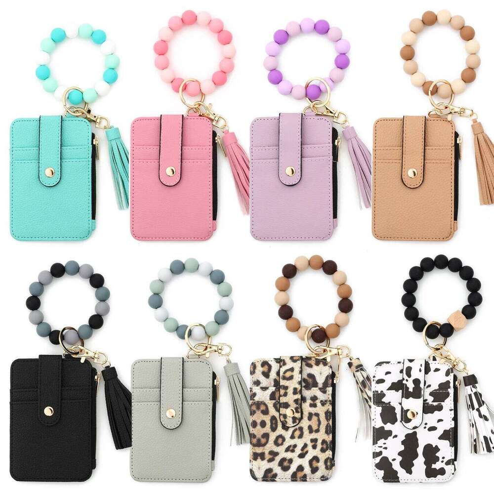 1pc Silicone Bead PU Leather Wristlet with Bracelet Foldable ID Credit Card Holder Keychain Wallet for Women Girls Gift C260304