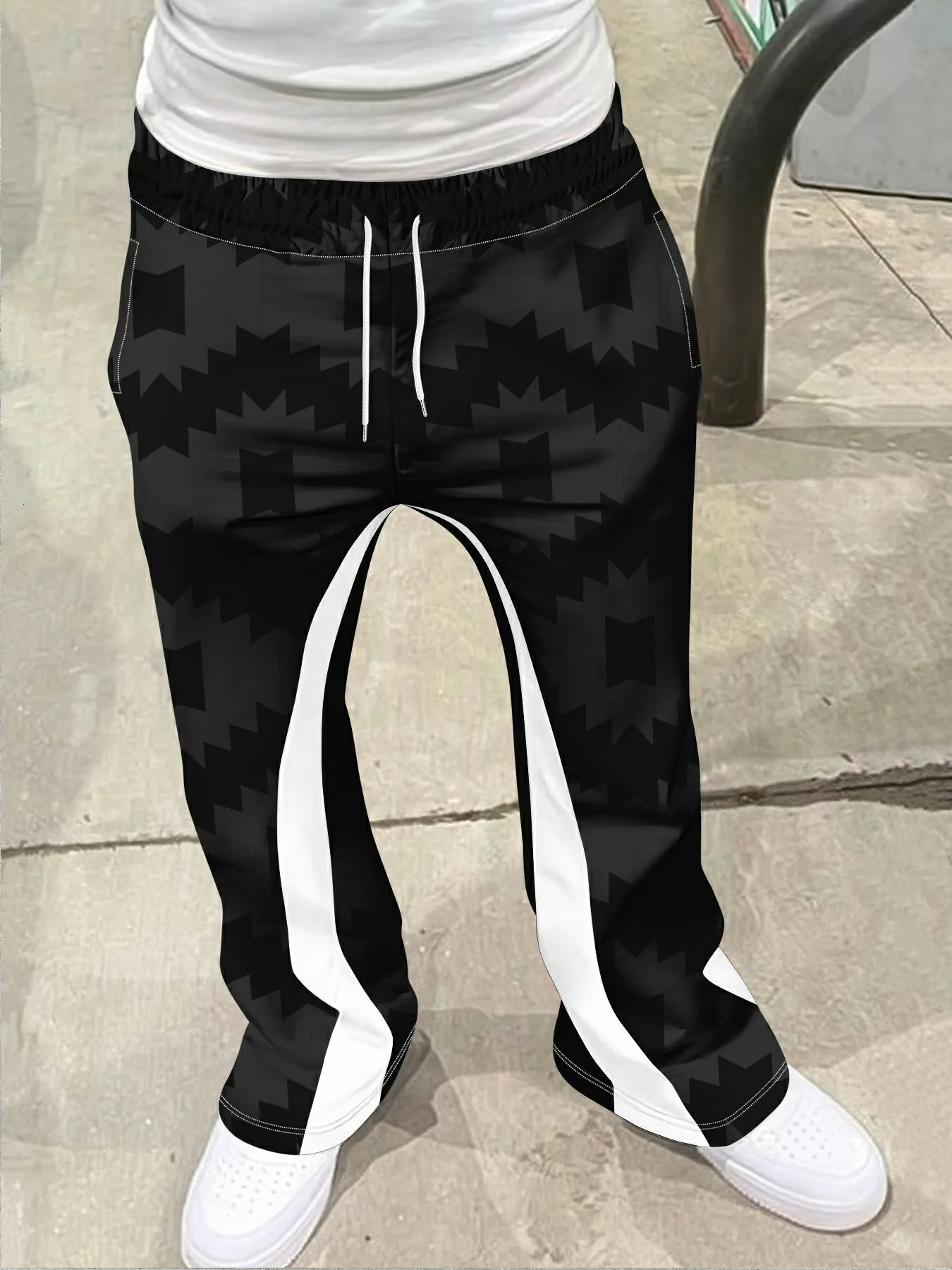 Mens Casual Street Style Trendy Cross Print Fashionable Slightly Flared Black and White Color-Block Sweatpants Men Pants 260227 - view 6