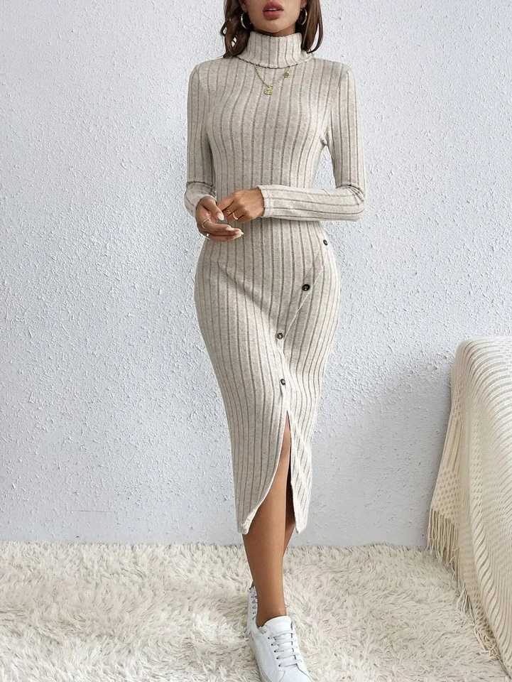 French High Collar Hollow out Side Split Ribbed Dress Elegant Classy Style Womens Fashion M260304