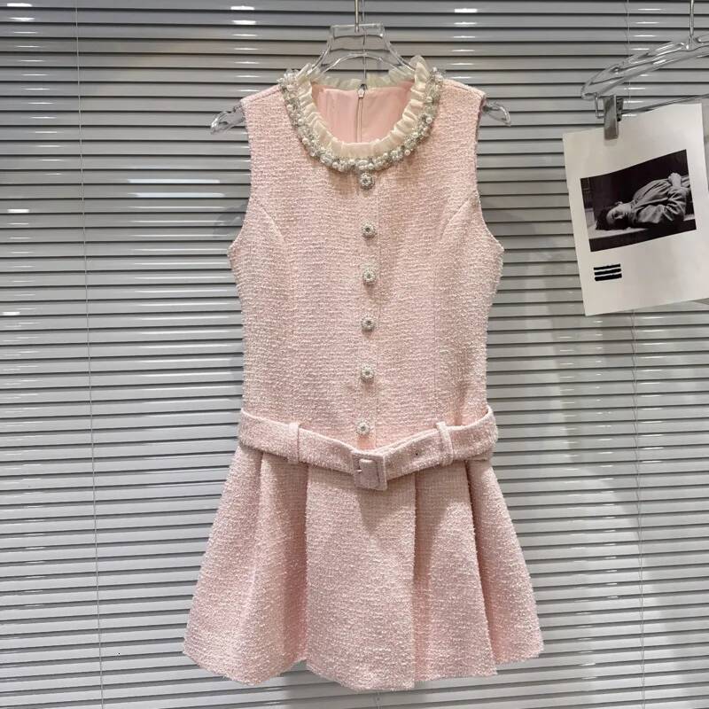 High Quality 2026 Spring Summer New French Luxury Small Fragrance Tweed Dresses For Women Pearl Collar Party Dress Robes Femmes