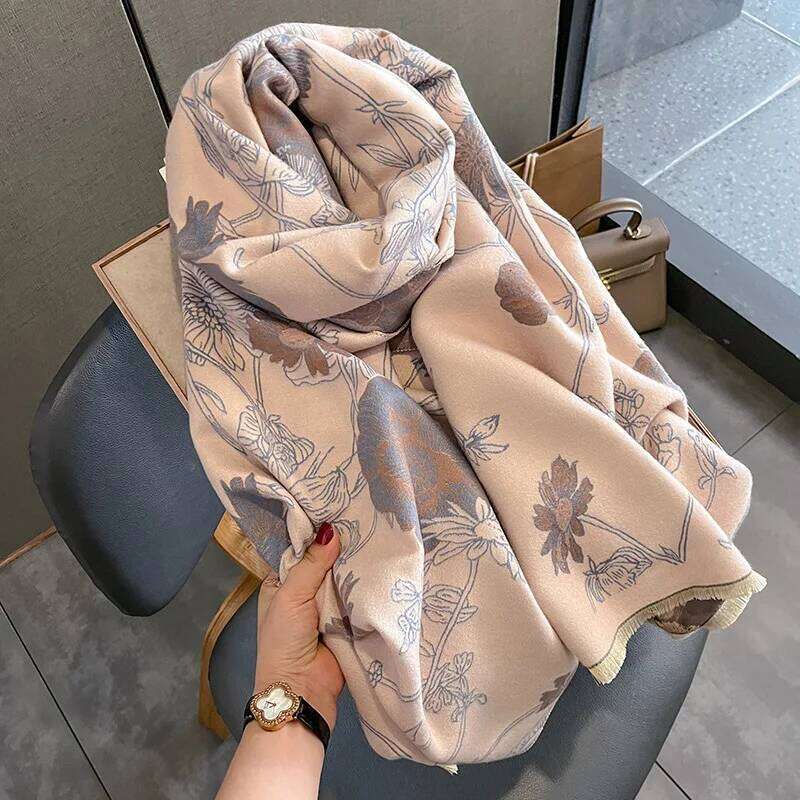 Winter Thickened Warm Scarf Floral Tassel Pashmina Shawl For Women Imitation Cashmere Warps Autumn Coldproof Windproof Blanket XJ260304