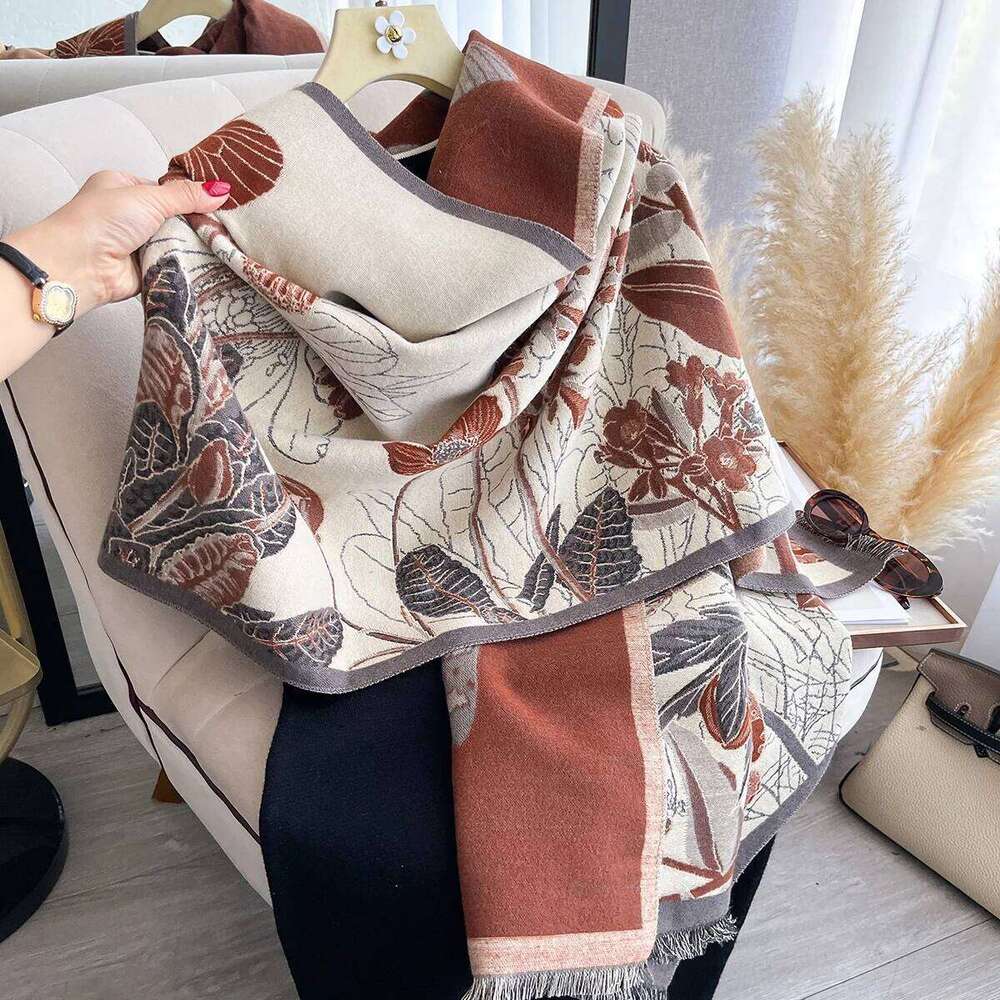 Women's Flower Warm Shawl Simple Thick Imitation Cashmere Scarf with Jacquard Ideal for Autumn and Winter XJ260304