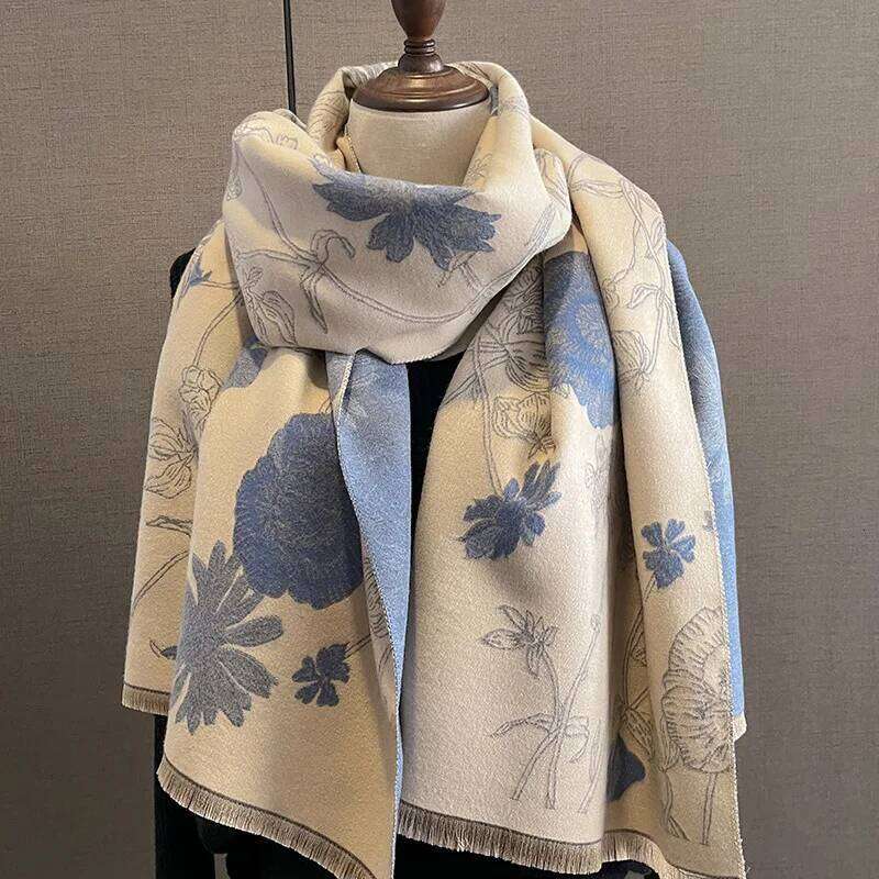 Winter Thickened Warm Scarf Floral Tassel Pashmina Shawl For Women Imitation Cashmere Warps Autumn Coldproof Windproof Blanket XJ260304