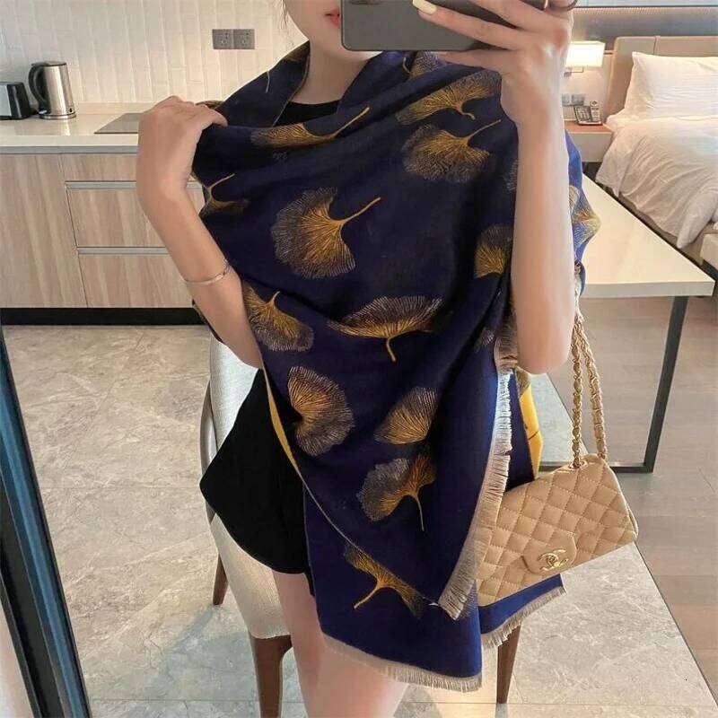 Blue Thick Cashmere Blanket Women Scarf Warm Pashmina Shawl Winter Wraps Bufanda Leaf Print New Design Poncho Echarpe Female XJ260304