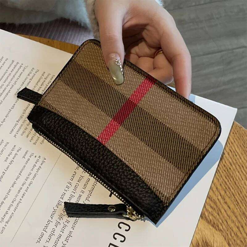 1pc Stylish Vintage Zipper Coin Purse for Women Large Capacity Genuine Leather Wallet, with Key Holder Brown & Beige Plaid Design C260304