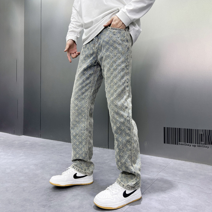 American Retro Jacquard Jeans For Men Summer Designer Pants High Street Vibe Trendy Brand Casual Loose Straight Wide-leg Long Pants