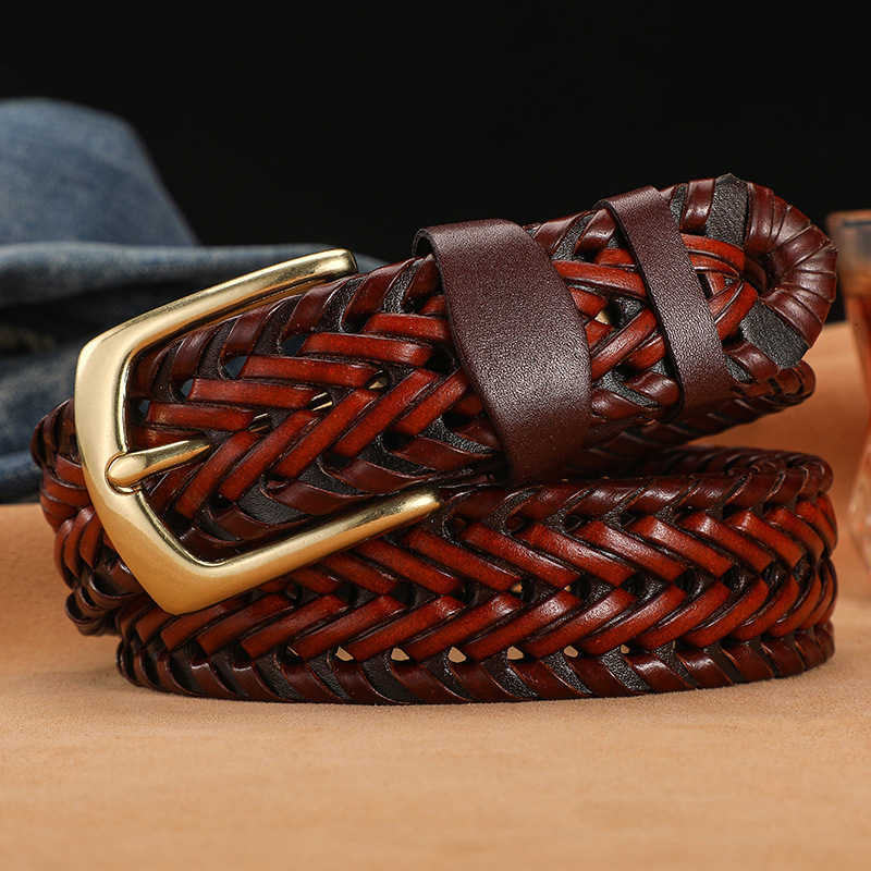 Handmade braided leather belt for men, genuine leather, hollowed-out, retro, casual, pin buckle, couple style, fashionable, youth, waist belt, in stoc
