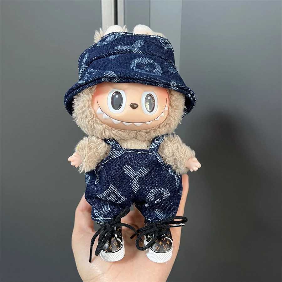 Cute Denim Workwear Set with Bucket Hat & Smiley Badge for 17cm V1/V2 Labubu Dolls DIY Kids GiftT260304