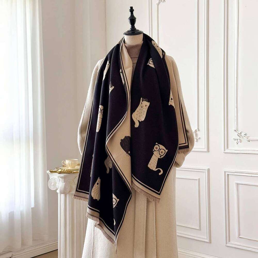 Cartoon Cat Printed Cashmere Scarves for Women Winter Thick Warm Blanket Scarf Shawl Wraps Ladies Fashion Pashmina Cape XJ260304