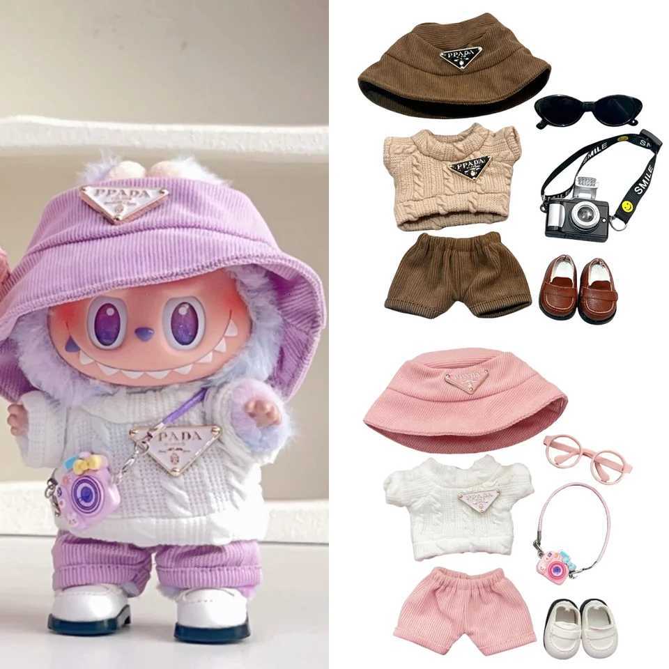 Labubu 1st/2nd Gen Light Blue Triangle Sweater Set, Corduroy Hat & Overalls for Sitting Party AccessoriesT260304