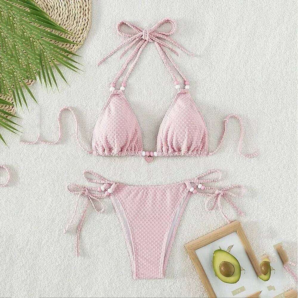 Sexy Pink Micro Thong Bikinis Sets Bead String Halter Swimwear Women Mini Swimsuit Bathing Suit Lace-up Biquinis Triangle Bikini Y260303