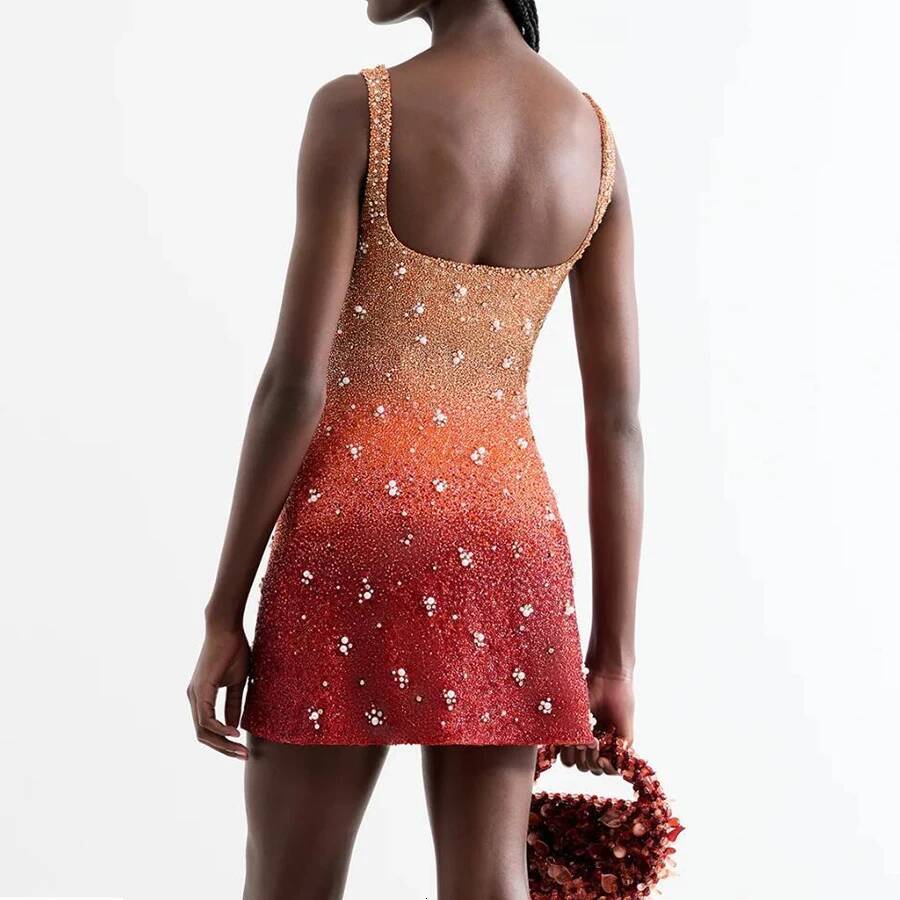 New Temperament Sequin Slim Evening Casual Square Collar Pearl Design Summer Hollow Sleeveless Suspender Club Dress