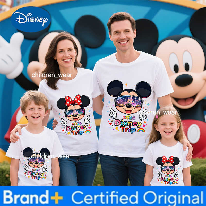 Disney Summer 2026 Mickey Mouse 100 Cotton Print T-shirt Family Set with Sparkly Shades for Parents Kids Unisex Tops H260304