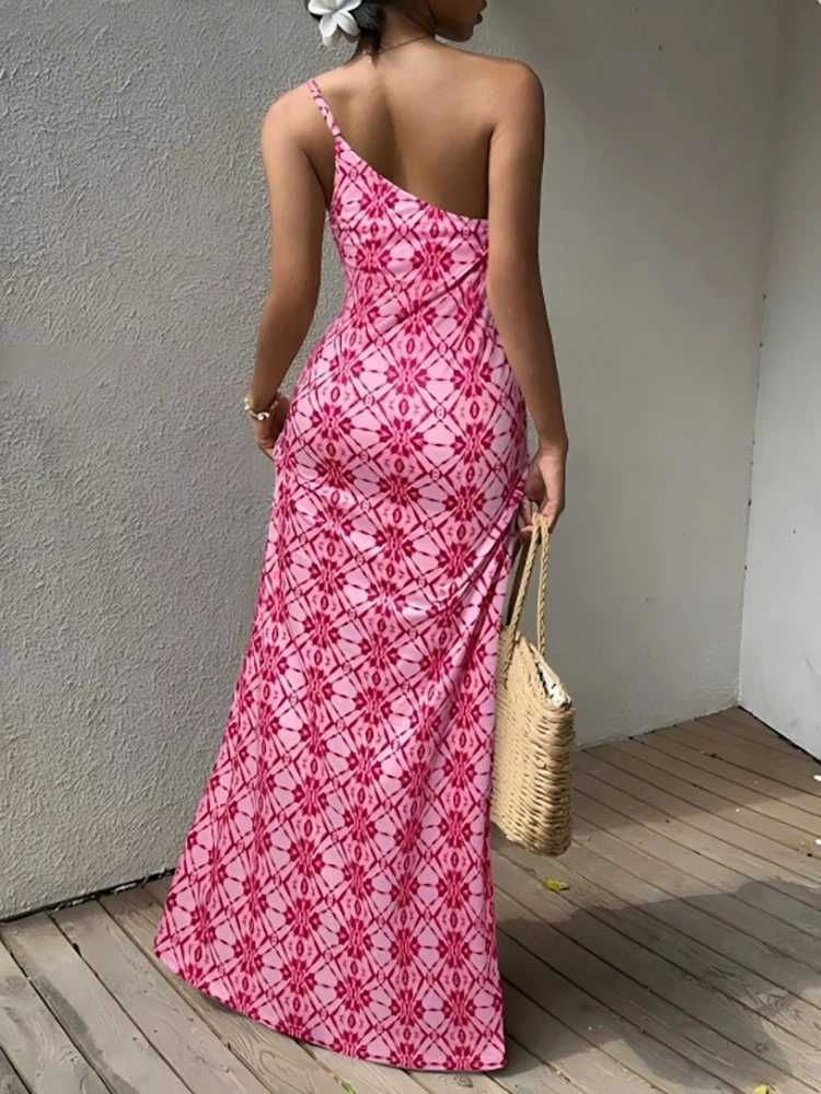 Single shoulder camisole strapless backless printed slit dress 2026 summer new product casual vacation style womens dress M260304