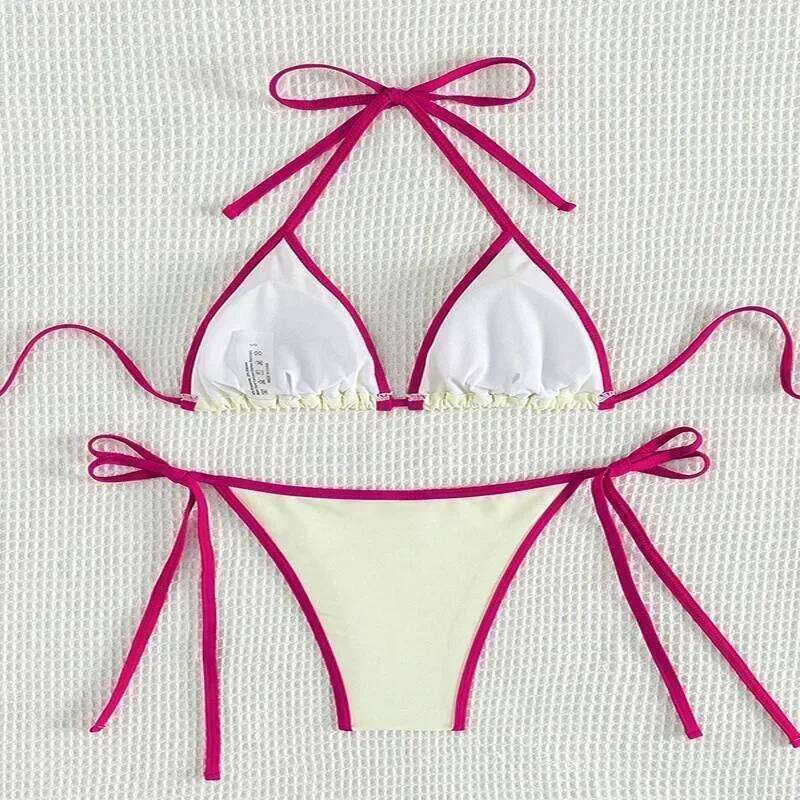 Contrasting Colors String Micro Thong Bikinis Sets Sexy Swimsuit Women 2025 Halter Mini Swimwear Biquinis Beachwear Bikini Mujer Y260303