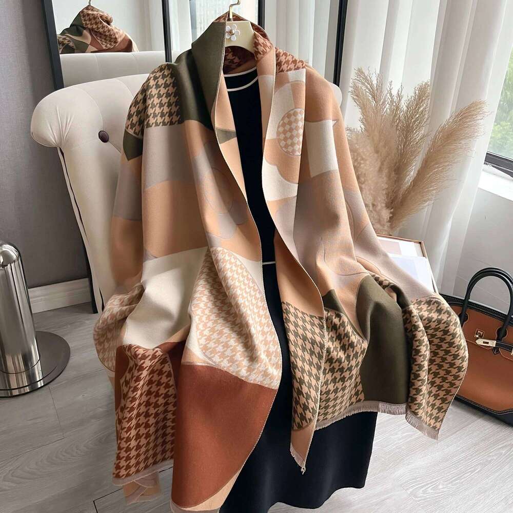 Two-sided Jacquard Houndstooth Tassel Mature Pashmina Cashmere Warm Shawl Autumn Winter Coldproof Windproof Wrapped Scarf XJ260304
