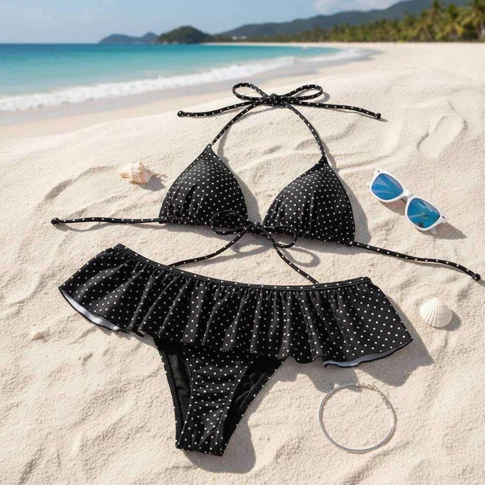 Fashion Ruffled Bikini Suit Slim Fit Deep-V Swimwear Set Lace Up Halter Neck Polka Dot Swimsuit Hot Girl Y260303