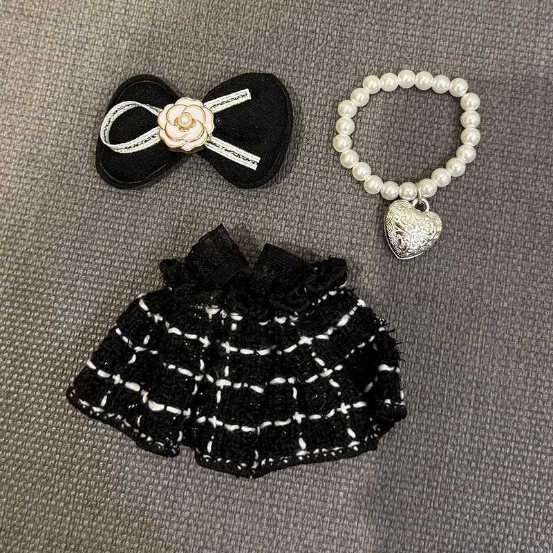 Labubu 17cm Fashion Doll Clothes - Luxury Tweed Skirt, Bow & Pearl Jewelry SetT260304