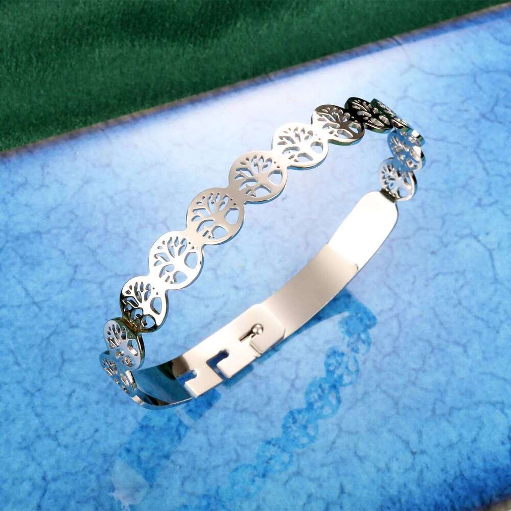 Stainless Steel Tree of Life 162 Bangle Bracelet Golden Plated Adjustable Open Cuff Jewelry Hypoallergenic Gift for Her Women XJ260303