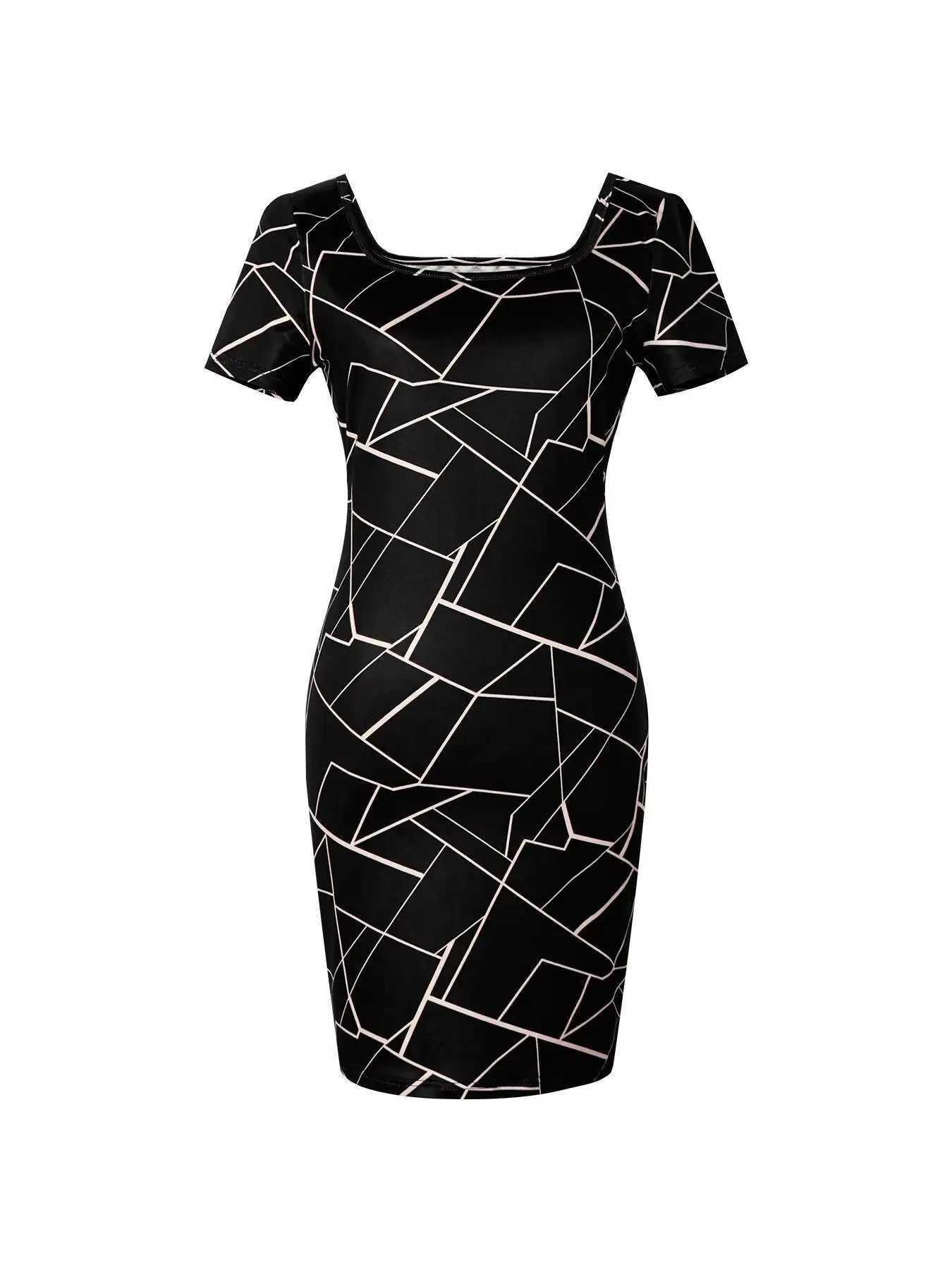 Women Dress Square Neck Short Sleeve Geometric Print Bodycon Mini Dress Sleek Spring Summer Chic Party Club Night Out Flattering M260304
