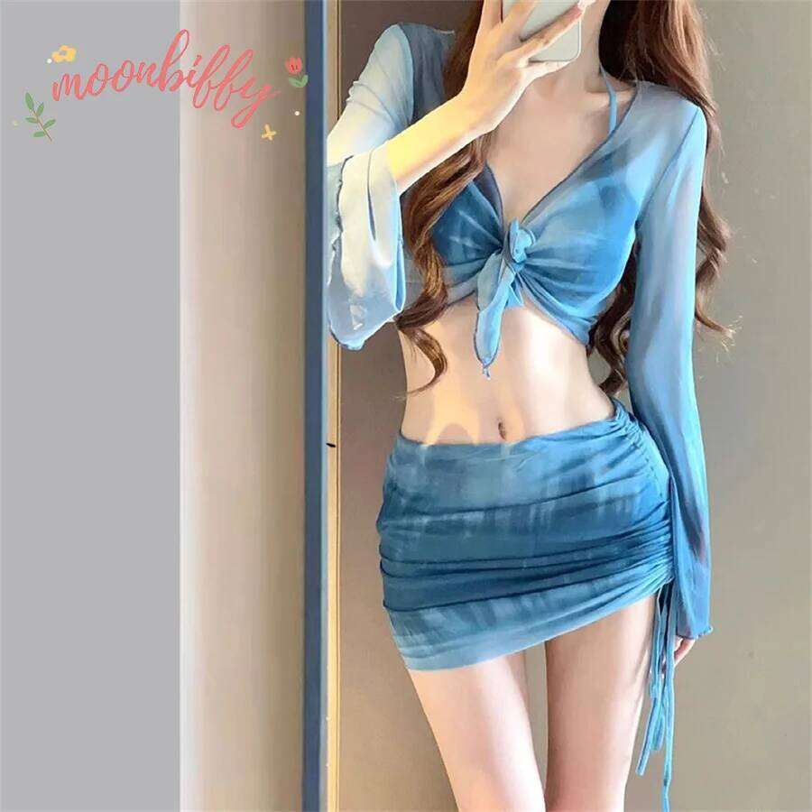 Korean 4 Piece Bikini Set Women Blue Tie Dye Mesh Long Sleeve Cover Up with Pleate Skirt Swimsuit Beach Bathing Suit Swimwear Y260303
