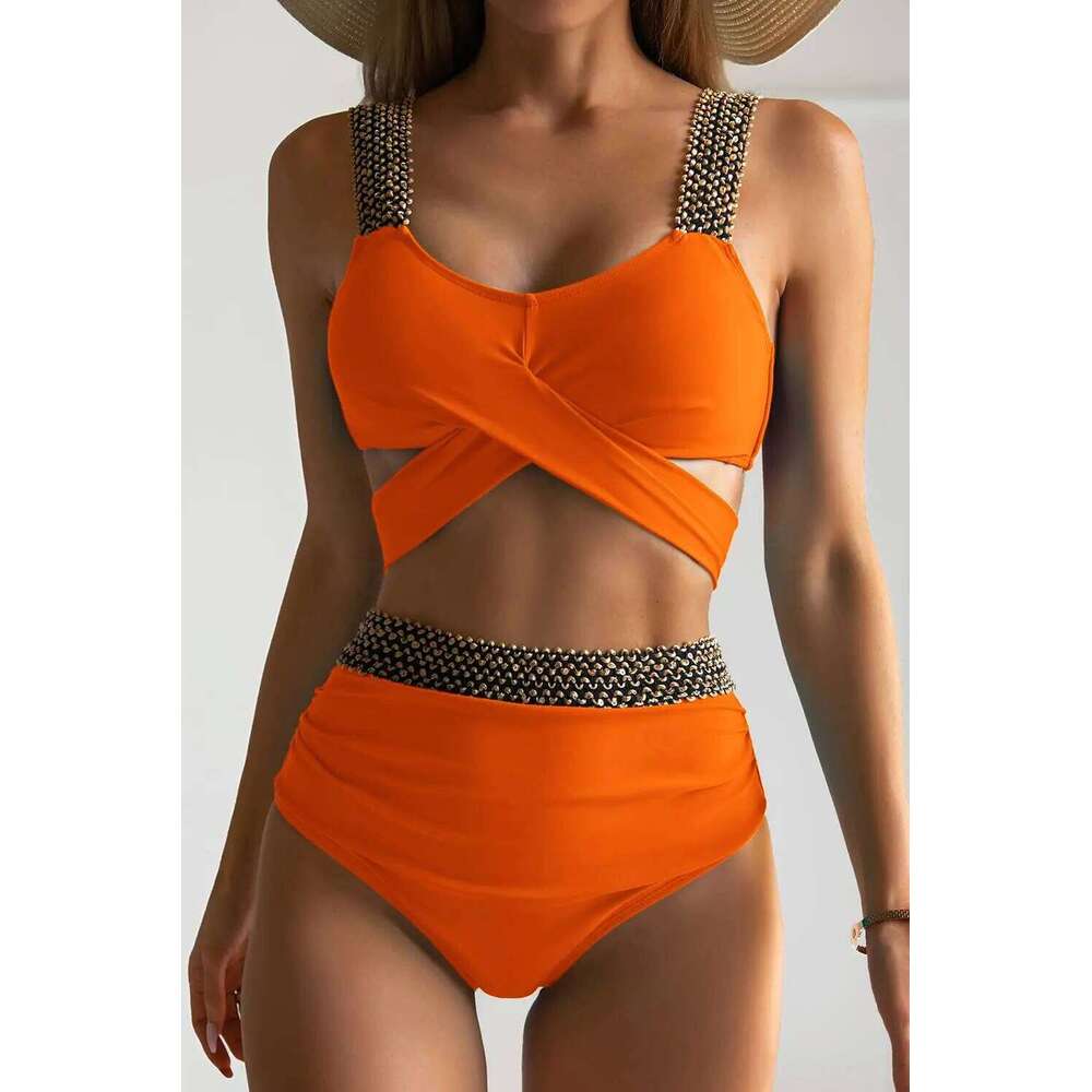 Cross High Waist Bikinis 2025 Women Black Swimwear Solid Swimsuit Female Beachwear Summer Bathers Bathing Suit Swimming Y260303